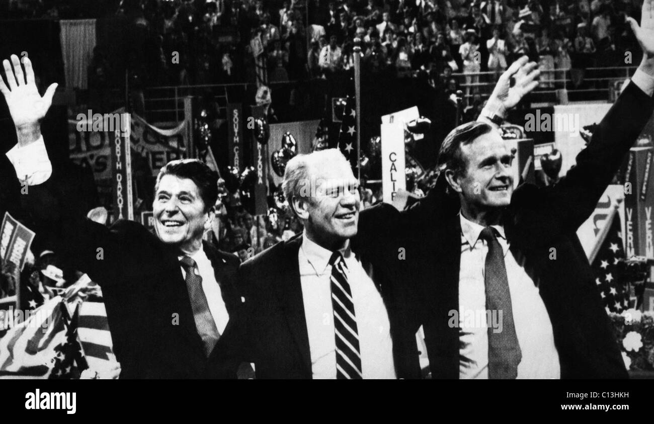 US Presidents. Republican party nominee and California Governor (and future US President) Ronald Reagan, former US President Gerald Ford and Vice Presidential nominee (and future US President) George H.W. Bush at the Republican National Convention, Detroit, Michigan, July, 1980. Stock Photo