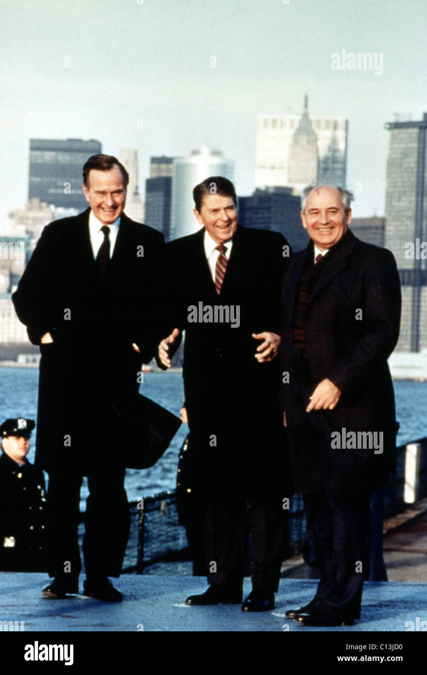 Vice President George Bush, President Ronald Reagan, Soviet Premier Mikhail Gorbachev in New York, 1988 Stock Photo