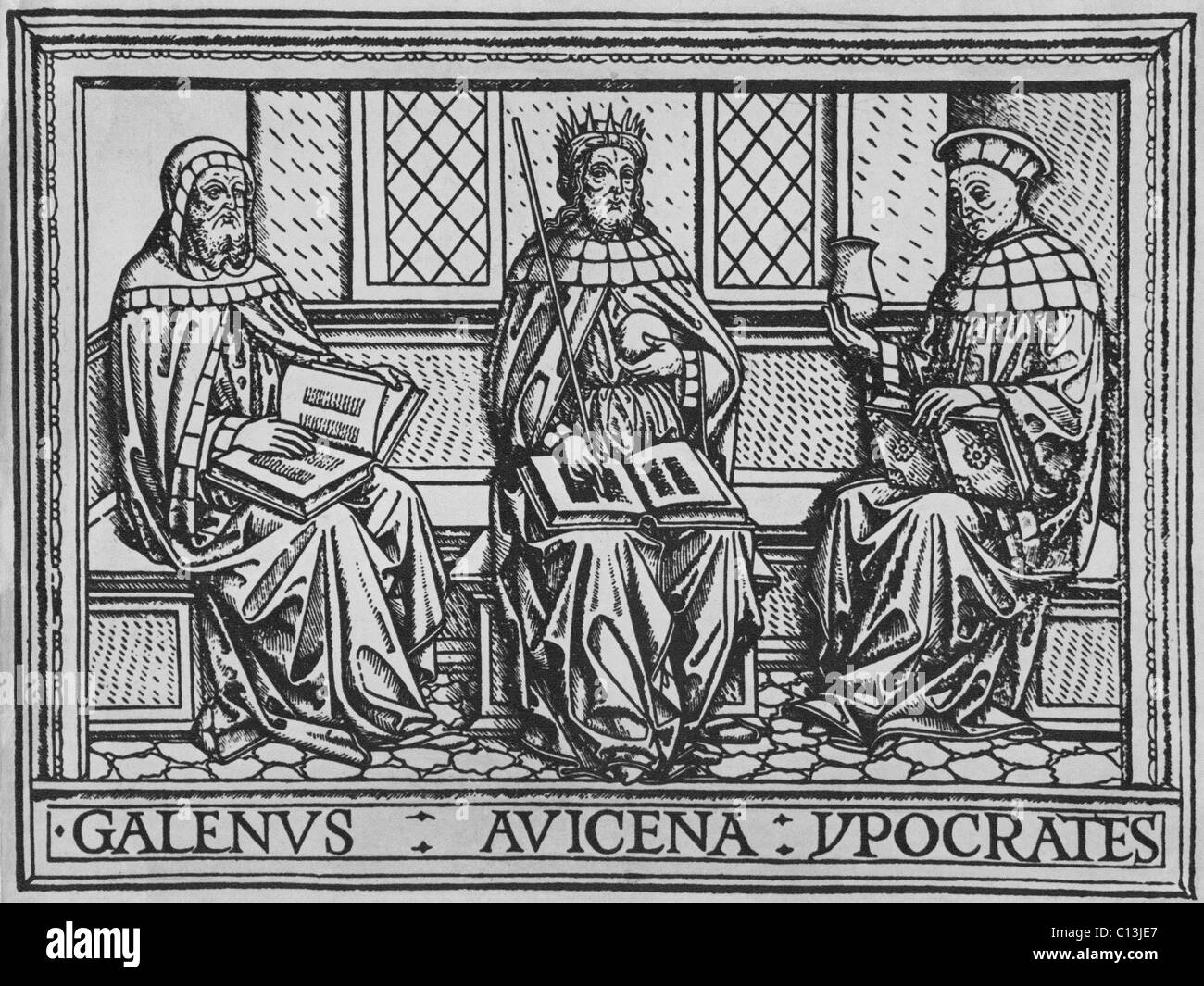 The three great ancient teachers of medicine: Galen (Roman), Avicenna (Persian), and Hippocrates (Greek). Woodcut from an early Stock Photo