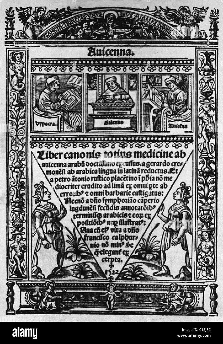 Title page of Avicenna's, LIBER CANONIS TOTIUS MEDICINE (CANON OF MEDICINE), published in Paris in 1522. The systematic encyclopedia was based on Greek and Roman medicine with Avicenna's additions. Hippocrates, Galen and Avicenna art pictured at top. Stock Photo