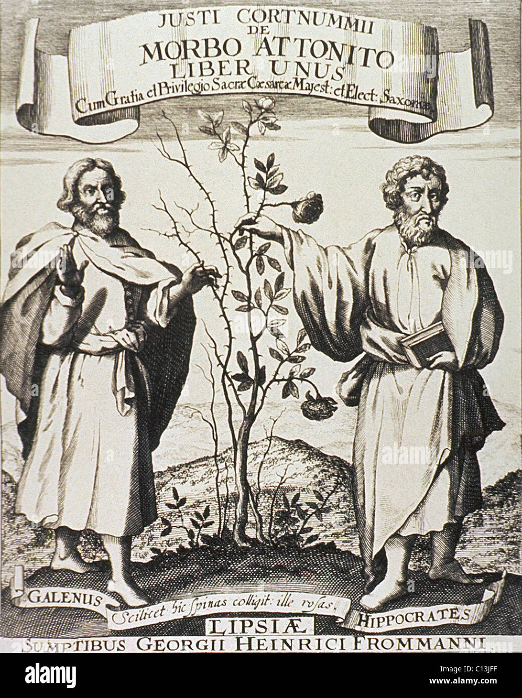 Hippocrates (on right) and Galen. Where Hippocrates touches the rosebush it flowers, whereas Galen's side is nothing but thorns. By the 17th century, the more empirically oriented Hippocrates was regarded as superior to the more theoretical Galen. Engraving from a 1677 German print in DE MORBO ATTONITO LIBER UNUS, by Justus Cortnumm. Stock Photo