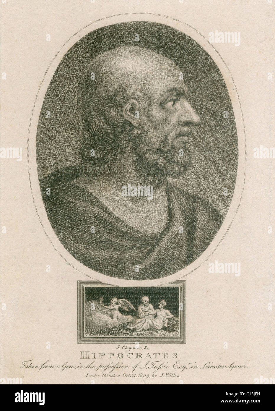 Hippocrates (460-375 BC). Engraving from a ancient gemstone. Ca. 1800 by J. Chapman. Stock Photo