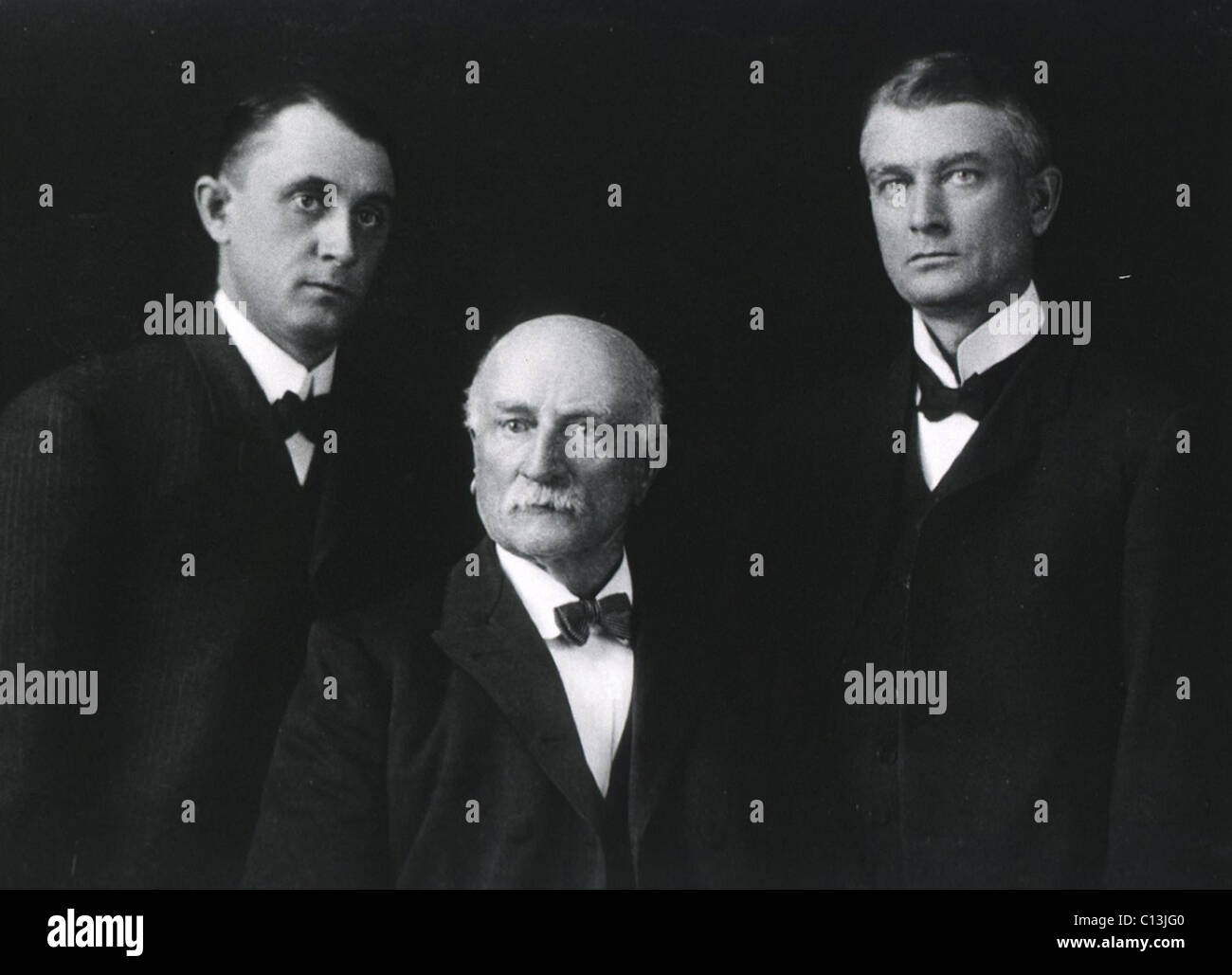 Mayo family portrait, ca. 1900. From left: Charles Horace Mayo (1865-1939), William Worrall Mayo (1819-1911) and William James Mayo (1861-1939).William Worrall Mayo emigrated to the U.S. from England in 1845 and established a surgical practice in Rochester, Minnesota in 1863. His sons joined his practice and founded the Mayo Clinic in 1905. Stock Photo