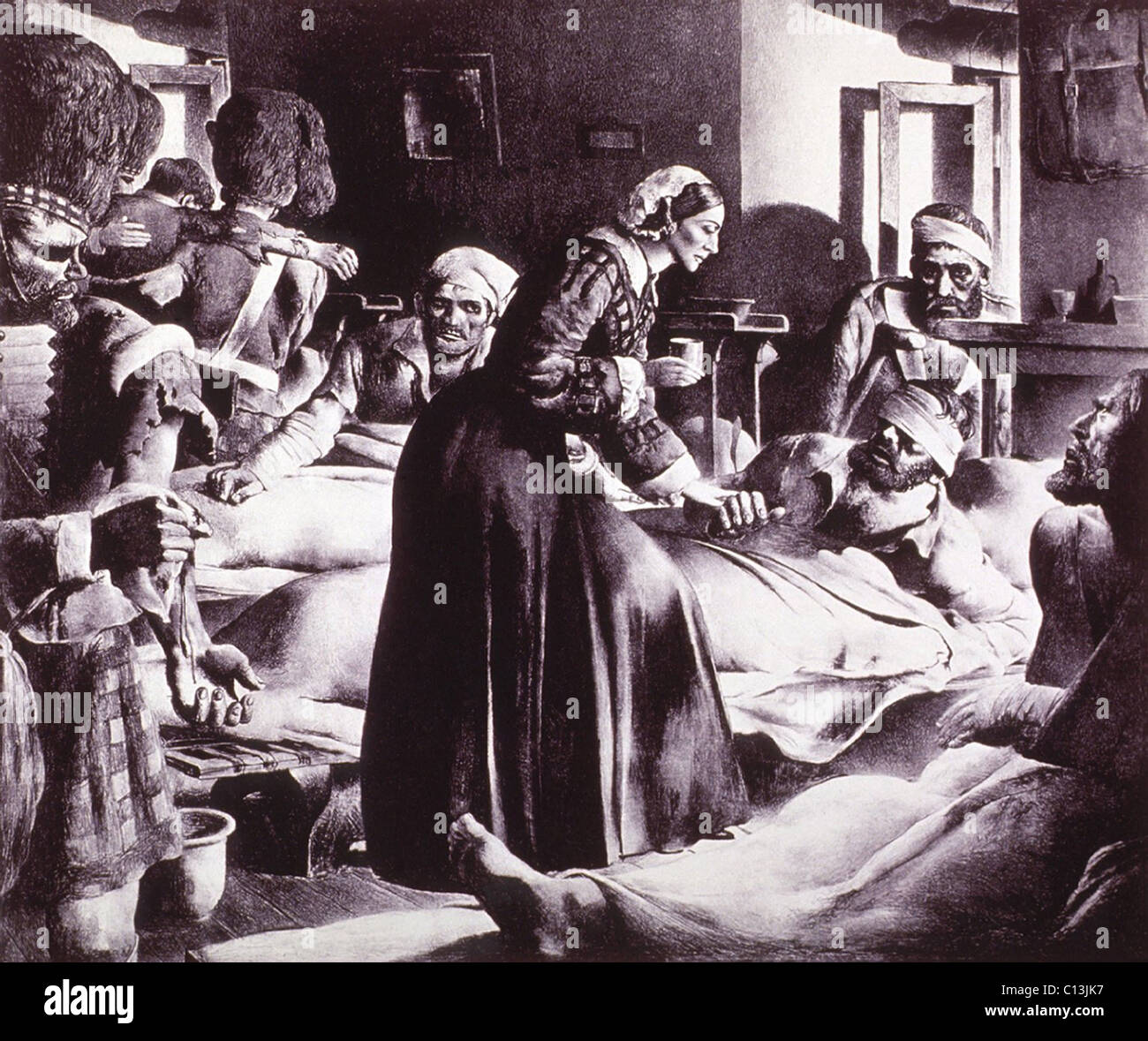 Florence Nightingale (1820-1910), ministering to soldiers at Scutari, a suburb of Istanbul (across the Bosporus from Istanbul) during the Crimean War. She defied her wealthy family by adopting the lower class profession of nursing. With her education and social position, she reformed the profession and British treatment of sick and wounded soldiers. 1854. Lithograph by Robert Riggs, ca. 1930 with modern watercolor. Stock Photo
