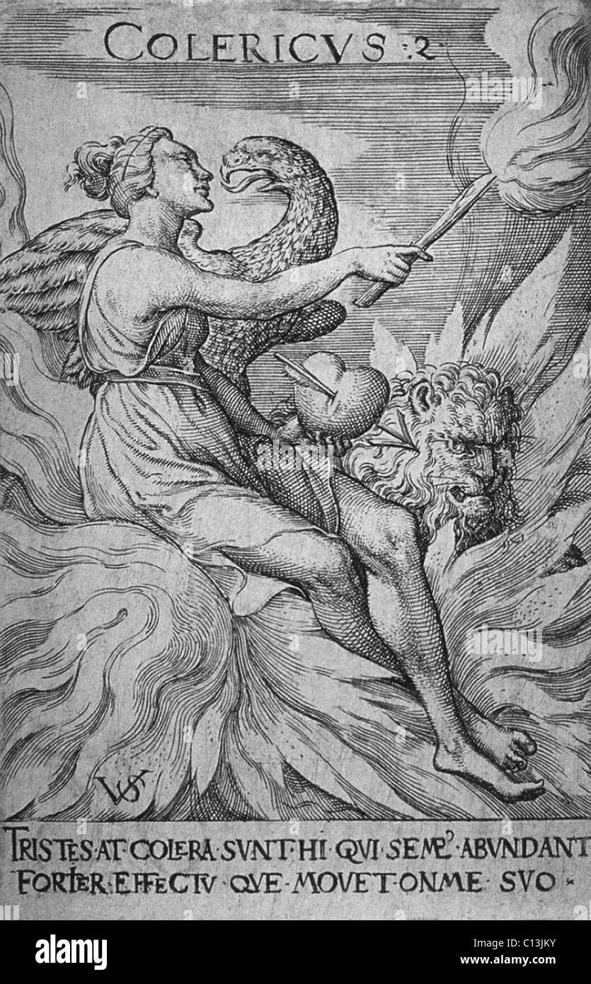 The Choleric personality was impatient and thought to be caused by the dominance of the humor black bile. It is personified by a young woman, with and eagle and a lion, is surrounded by flames. She holds a torch and a heart pierced by an arrow. Engraving by Virgil Solis (German, 1514-1562). Stock Photo