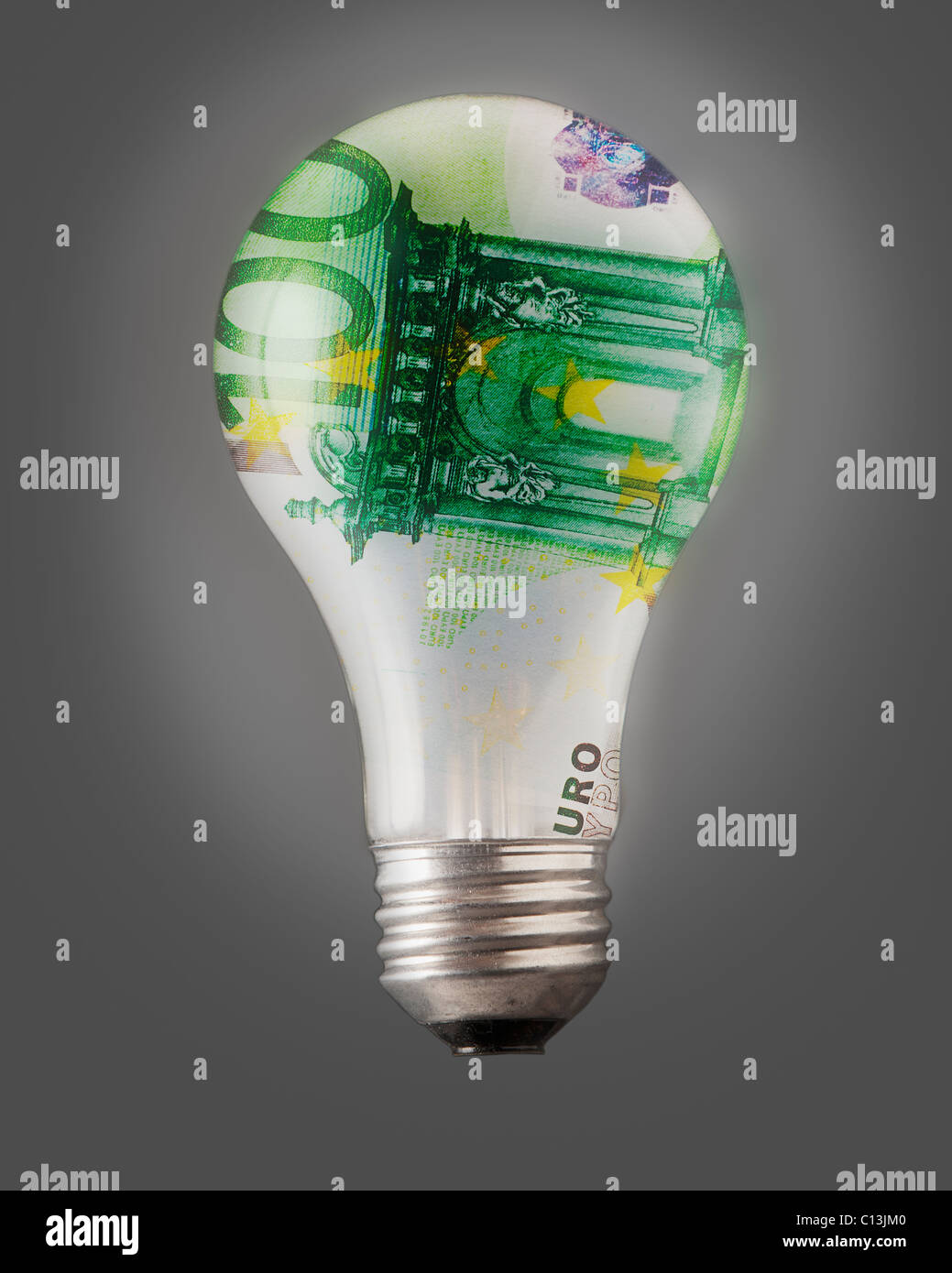 Composition of bulb and one hundred euro note Stock Photo