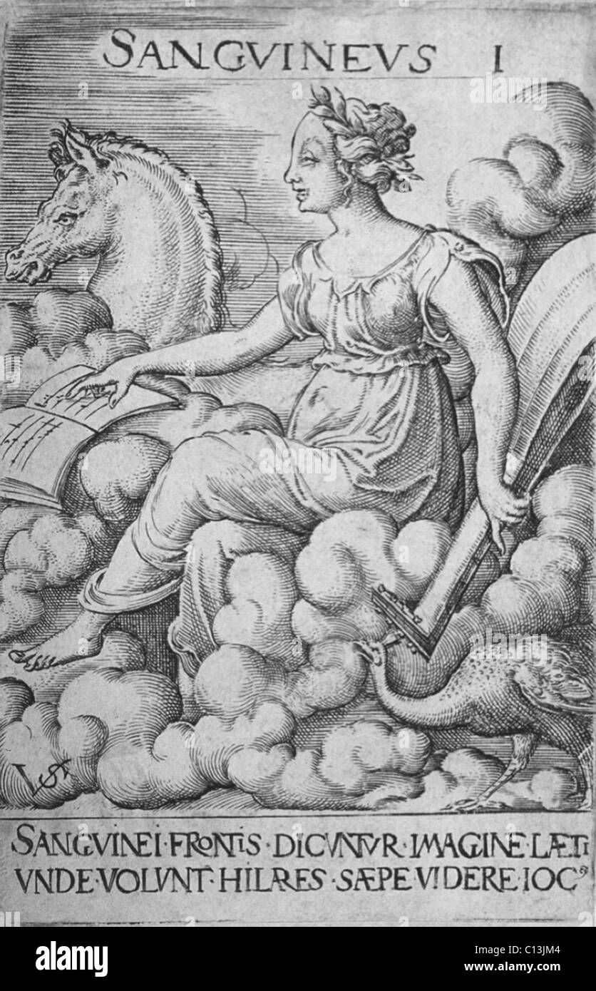 The Sanguine personality was optimistic and thought to be caused by the dominance of the humor blood. It is personified by a young woman ridings in the clouds with various attributes of the sanguine temperament such as the horse Pegasus, a peacock, a lute and a music book. Engraving by Virgil Solis (German, 1514-1562). Stock Photo