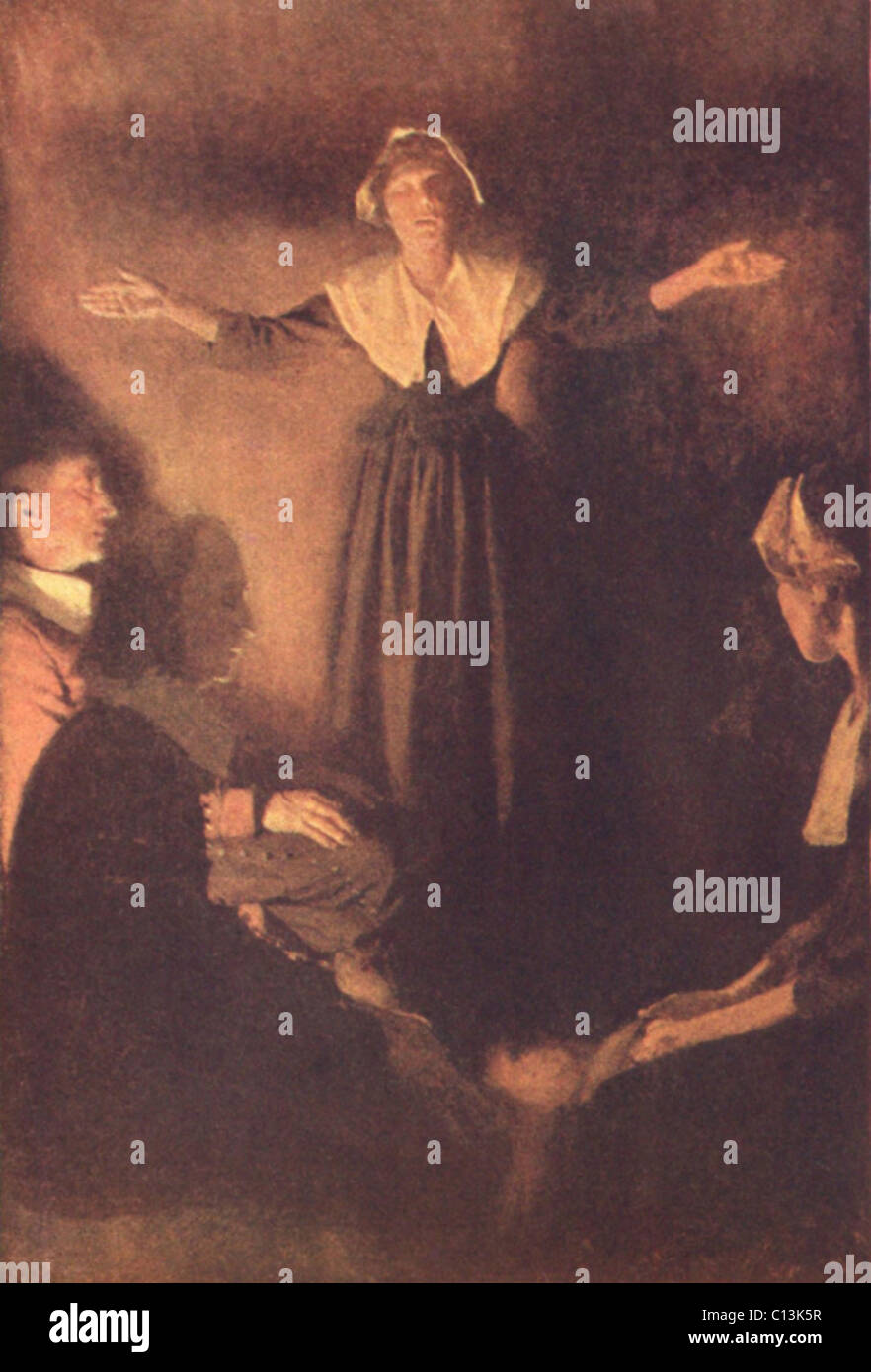 Salem Witch Trials. Salem magistrates examine of Rebecca Nurse, who pleaded innocent of using witchcraft to torment her young accusers: Ann Putmann and Abigail Williams, Elizabeth Hubbard and Mary Walcott. Rebecca was one of nineteen eventually executed for witchcraft in Massachusetts Colony in 1692. Illustration by Howard Pyle. Stock Photo