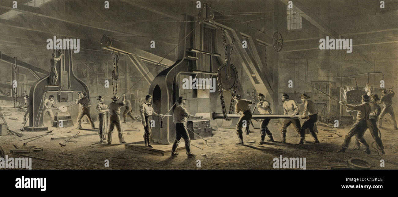 Paterson Iron Company were manufacturers of forgings for steamboats and railroads. Ca. 1865. Detail showing teams of men working at two massive steam hammers pounding glowing iron ingots. Stock Photo