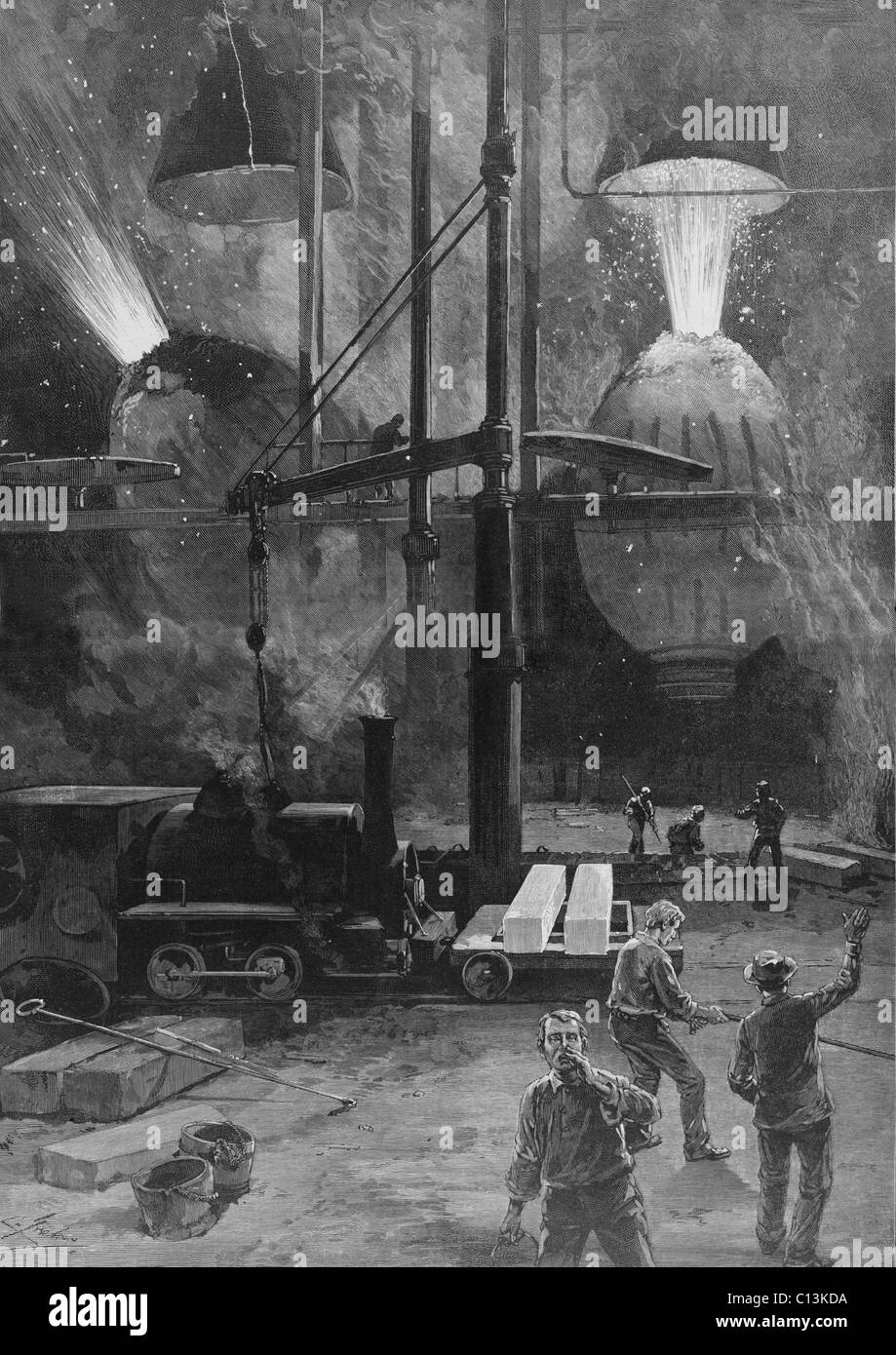 Making steel with Bessemer Converters in Pittsburgh, Pennsylvania. Wood engraving from a drawing by Charles Graham. 1886. Stock Photo