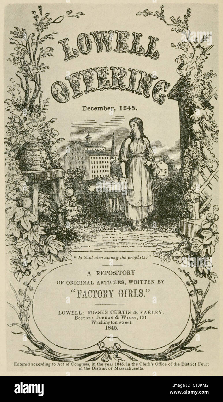 Title page from the December 1845 issue of THE LOWELL OFFERING, a magazine written and published by the young women working in the Lowell, Massachusetts. Lowell was a custom built mill town, with company owned boarding houses for its female employees who made $12 to $14 a month. Stock Photo