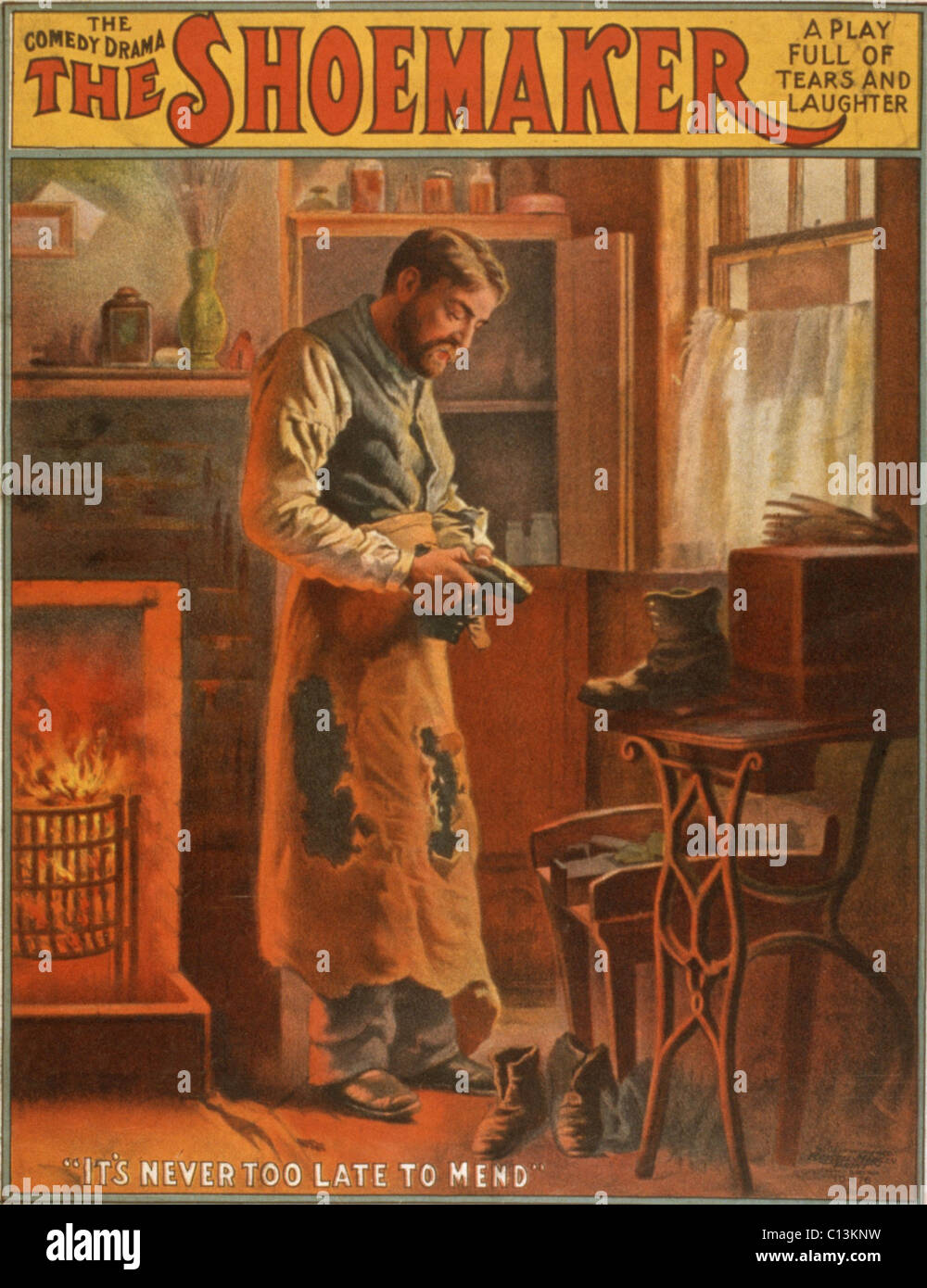 Theatrical poster for a comedy-drama entitled THE SHOEMAKER. Ca. 1907. Stock Photo
