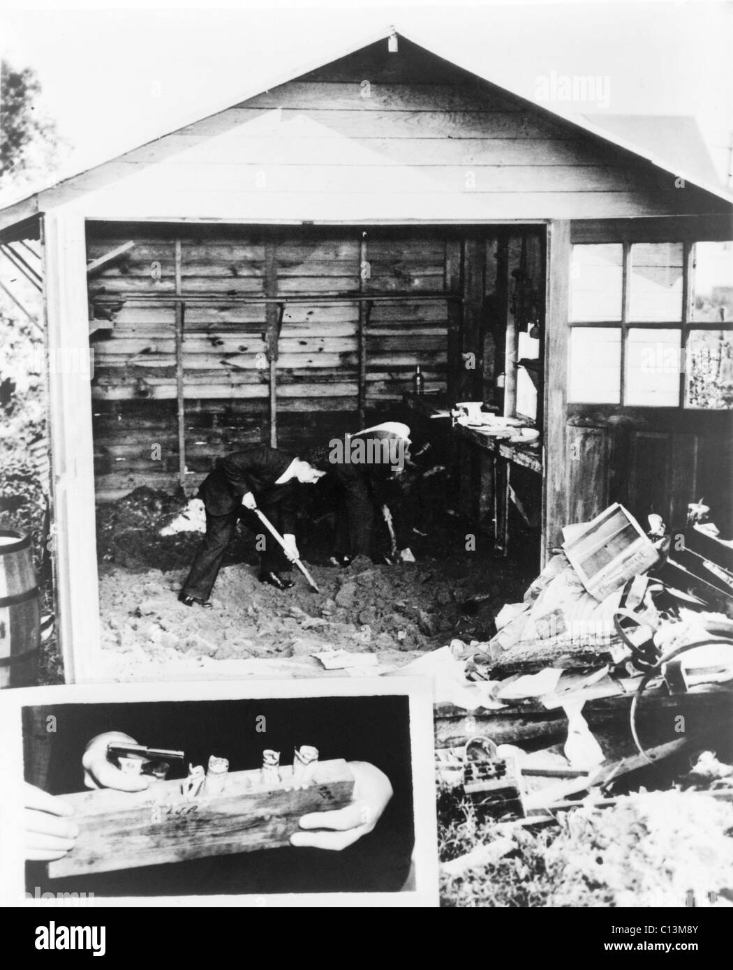 Police digging up the garage floor of accused Lindbergh baby kidnapper Bruno Richard Hauptmann searching for ransom money. Insert photo shows the piece of timber in which some of the marked bills and a gun were hidden. September 1934. Stock Photo