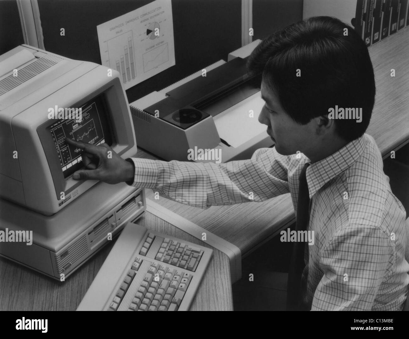 The 1983 Hewlett Packard-150 personal computer featured a touch-sensitive screen. It used a MS-DOS operating system an Intel 8088 microprocessor and duel 3-1/2 inch floppy-disk drives. Stock Photo