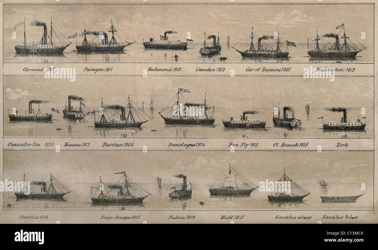 Print depicting 19 early steamships built between 1807 and 1815 including Robert Fulton's CLERMONT and NAUTILUS. lifeofrobertfult00reigrich 0024 Stock Photo