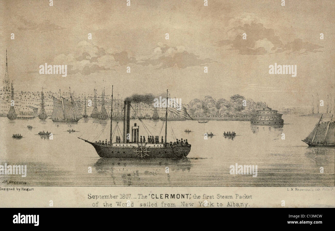 The CLERMONT Robert Fulton's first steamship starting its first New York to Albany voyage. It sailed 150 miles upstream in 32 hours at an average speed of five mile per hour. August 17-18 1807. lifeofrobertfult00reigrich 0239 Stock Photo