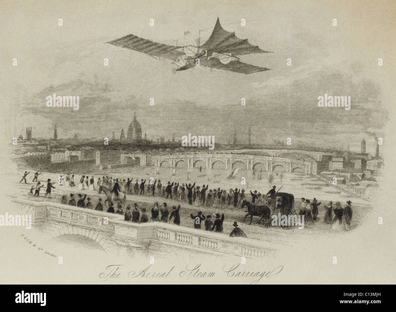 The aerial steam carriage proposed by British inventor William Samuel Henson in an imaginary flight over the Thames River London 1843. Attempts to fly a model of the aerial steam carriage were not successful. LC-DIG-ppmsca-02570 Stock Photo