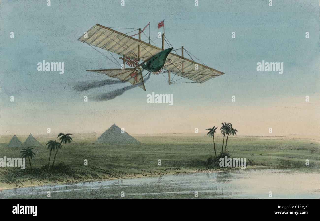 Ariel the first carriage of the Aerial Transit Company was a winged boat or 'carriage ' flying over the Nile River with pyramids in the background. Attempts to fly a model of the aerial steam carriage were not successful. LC-DIG-ppmsca-03479 Stock Photo