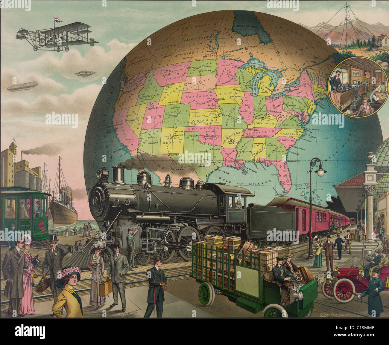 TWENTIETH CENTURY TRANSPORTATION. 1910 print illustrates the most advanced modes of transportation and communications with a map of the United States. LC-DIG-pga-01017 Stock Photo