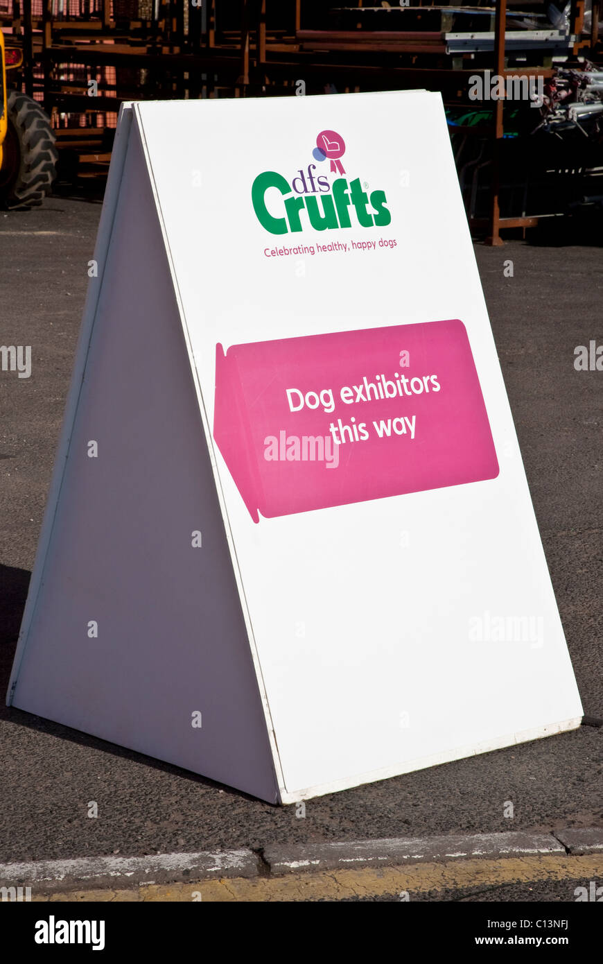 Dog exhibitors direction sign for Crufts at the NEC Stock Photo