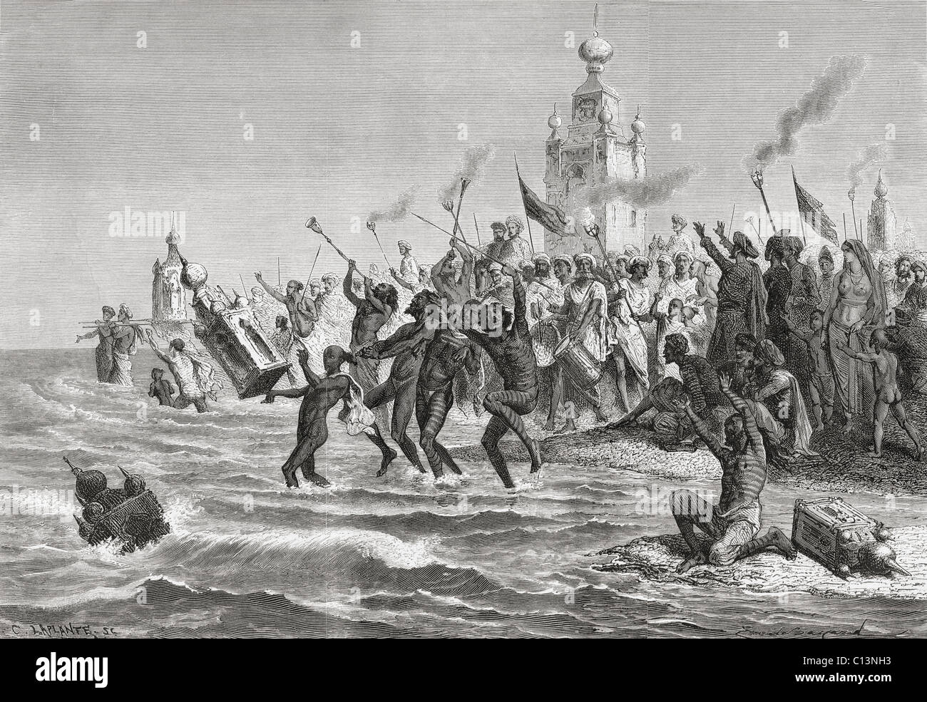 Celebrating the Moharum Festival in remembrance of the martyrdom of Imam Hussein, Bombay, India in the 19th century. Stock Photo