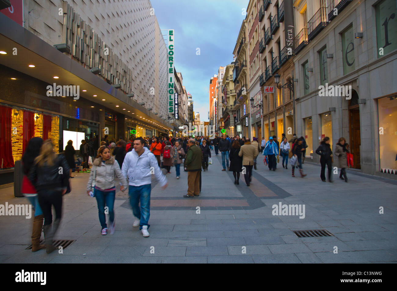 Calle Preciados pedestrian street at dusk central Madrid Spain Europe Stock  Photo - Alamy