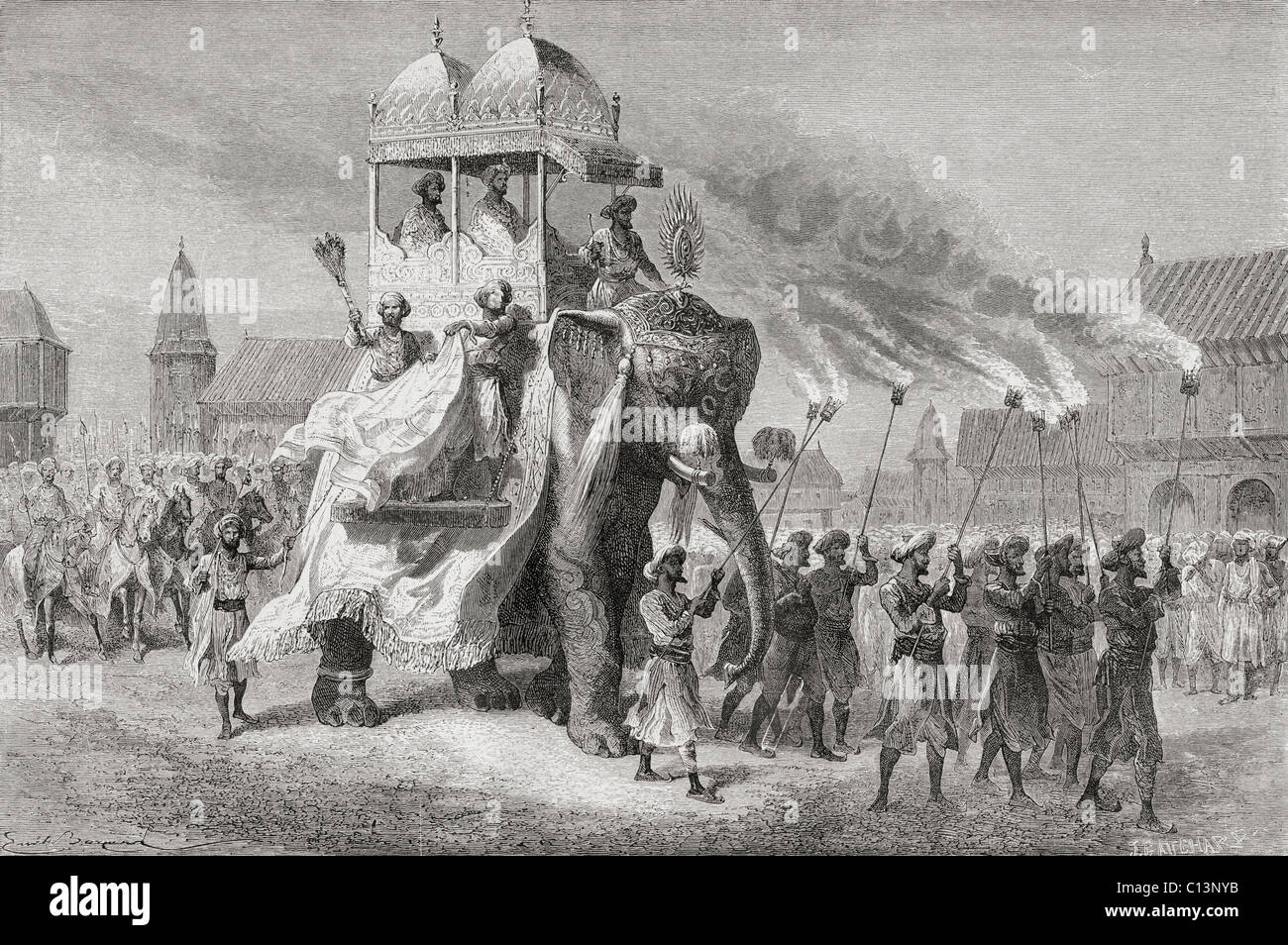 The Maharaja of Baroda, India, riding an elephant in a procession in the 19th century. Stock Photo