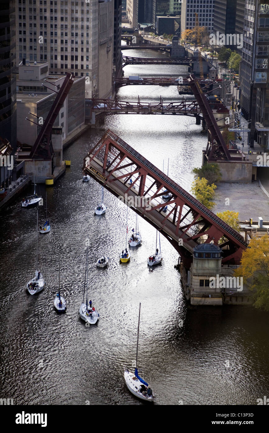 USA, Illinois, Chicago, elevated view of canal with yachts Stock Photo