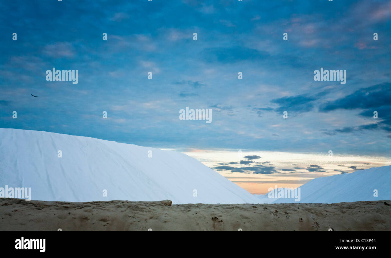 Salt Stockpiles at sunset. Salt refined from the evaporation pools near Las Coloradas glows white as the sunset lights the sky Stock Photo