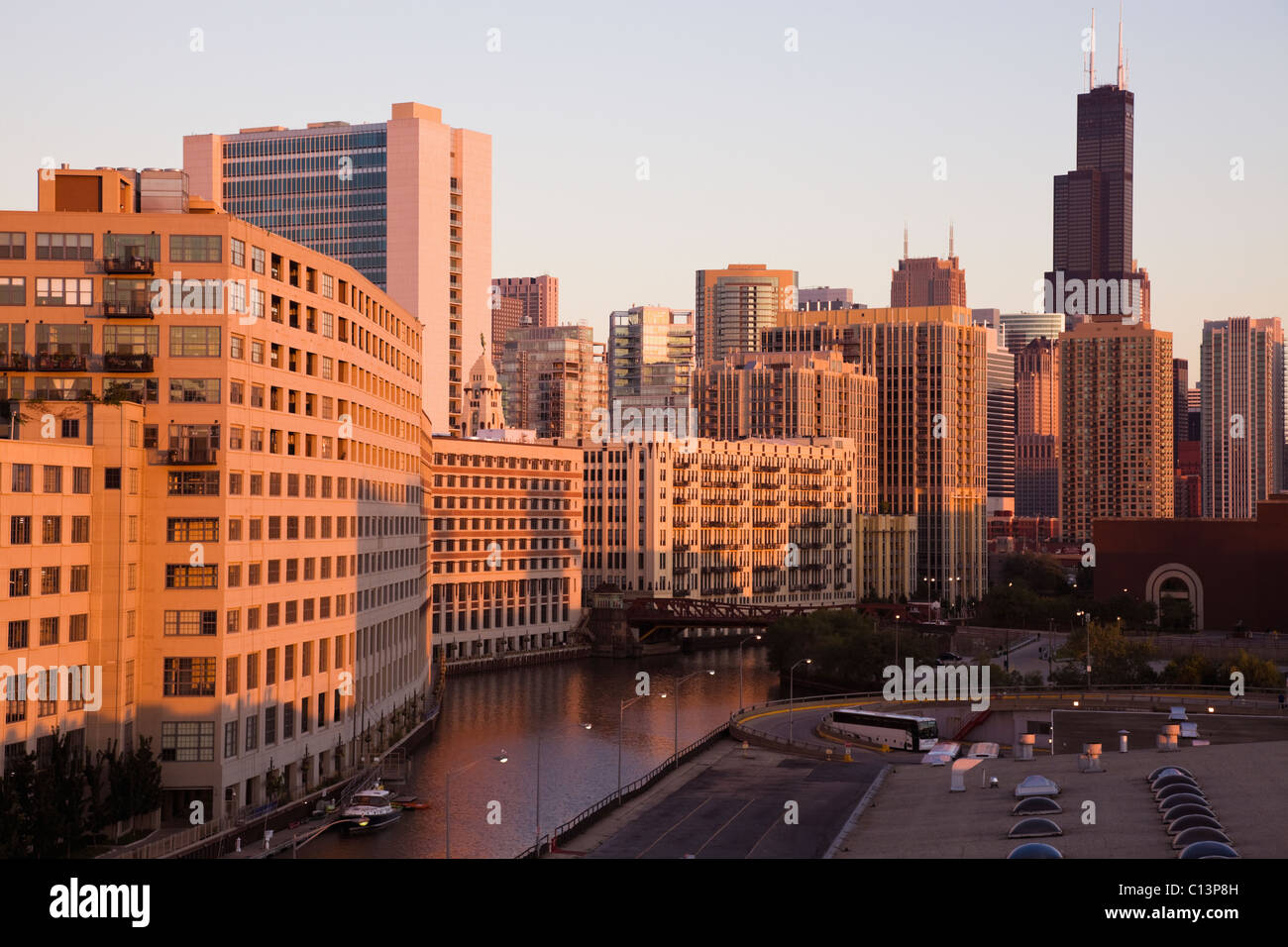USA, Illinois, Chicago, City reflected in Chicago River Stock Photo - Alamy