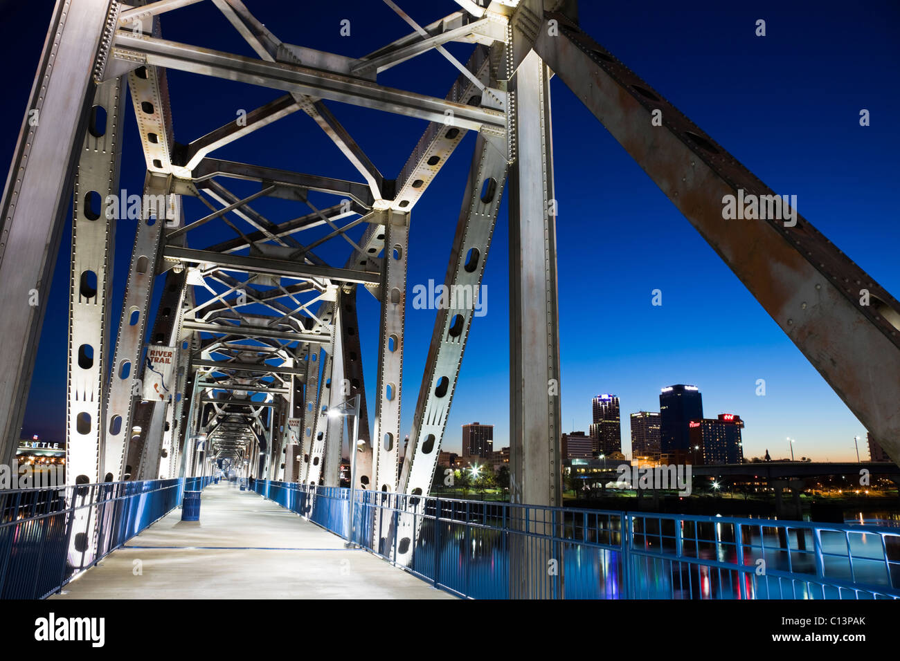 USA, Arkansas, Little Rock, Illuminated footbridge near downtown at night Stock Photo