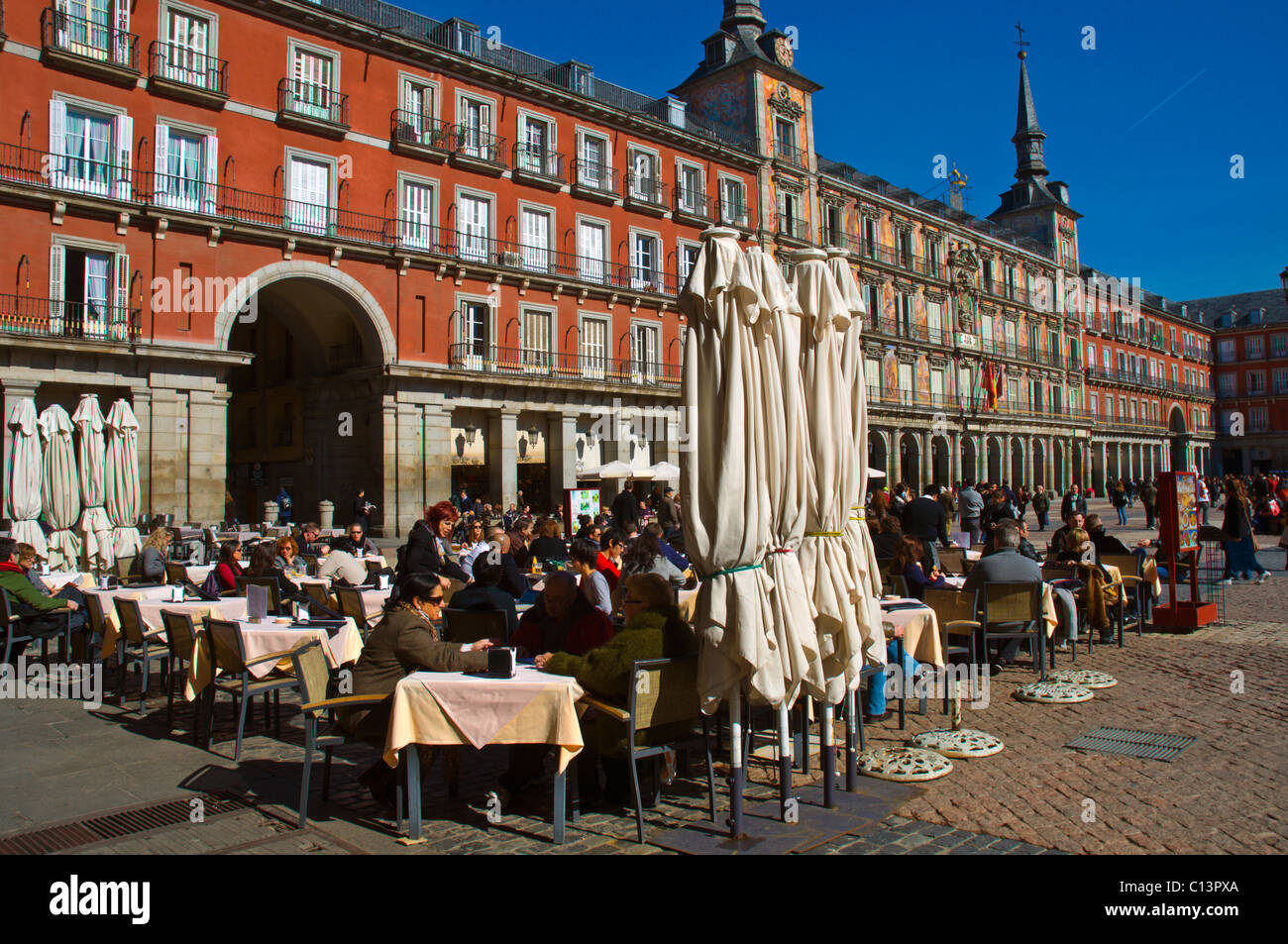 Restaurant and cafe terraces Plaza Mayor square central Madrid Spain Europe Stock Photo