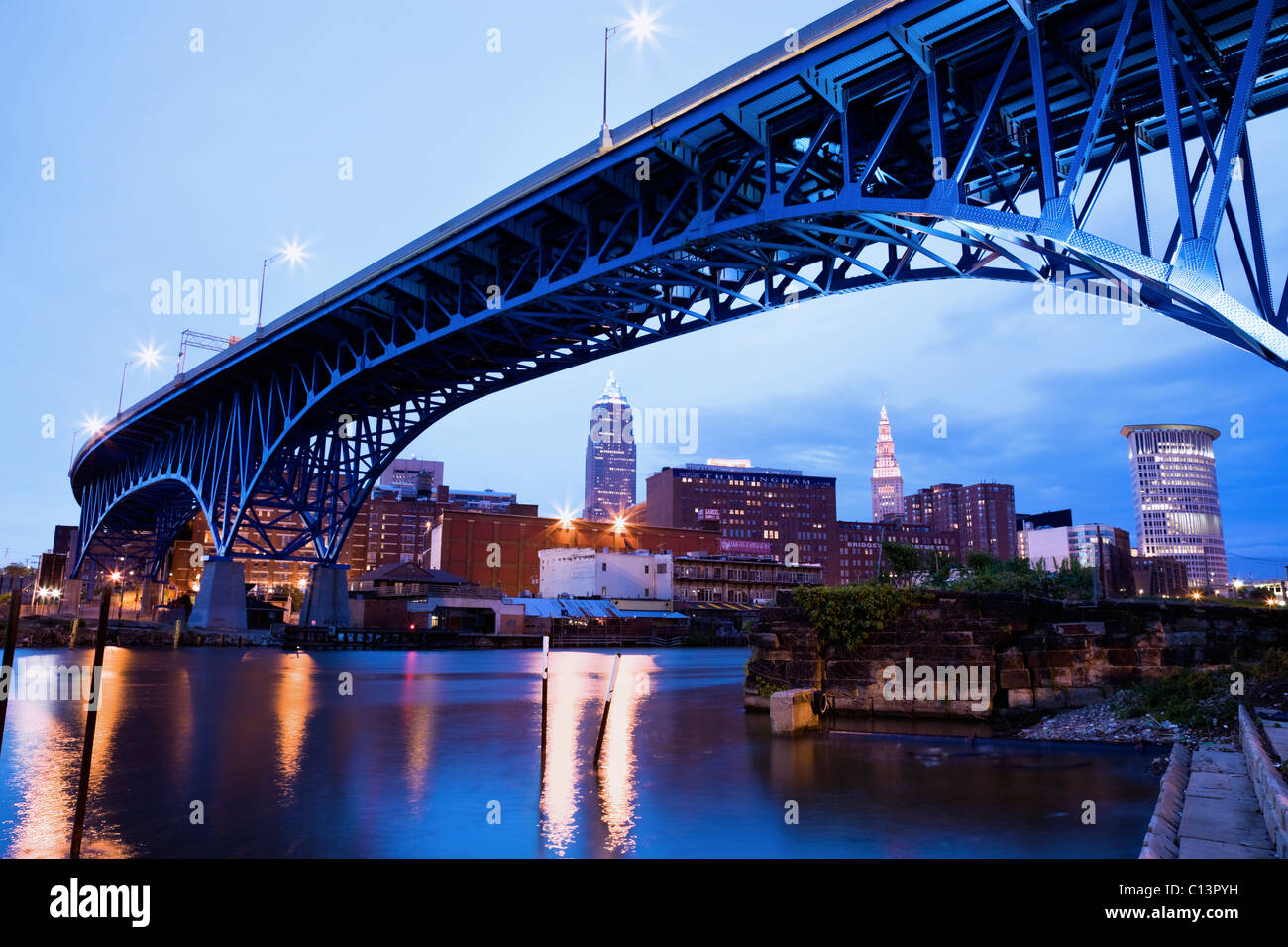 USA, Ohio, Cleveland, Bridge over River Cuyahoga Stock Photo