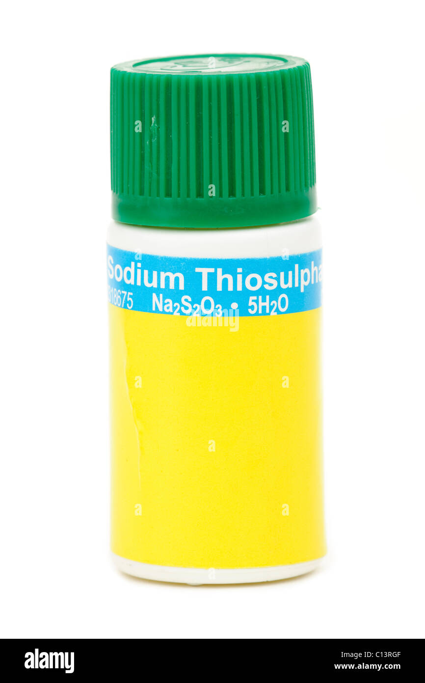 Plastic container containing Sodium Thiosulphate Stock Photo