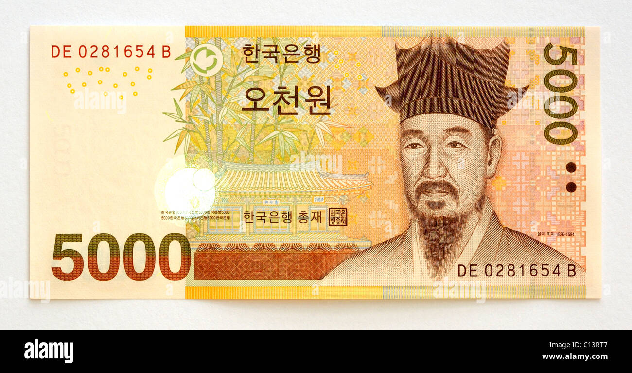 South Korea Five Thousand 5000 Won Bank Note. Stock Photo