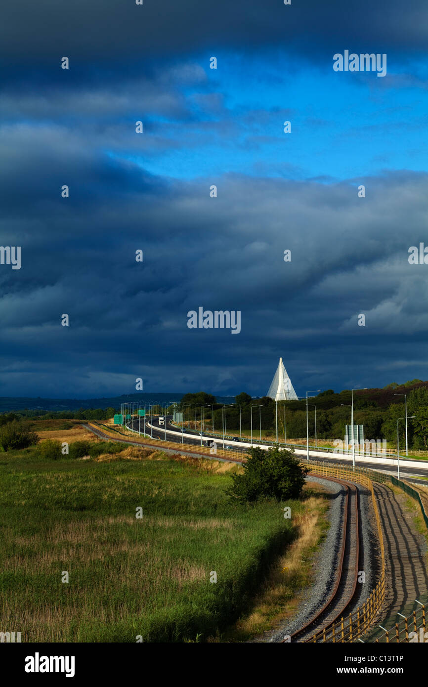 The Suir Valley Valley Railway and Waterford Bypass and Waterford Suir Bridge in the distance, County Waterford, Ireland Stock Photo