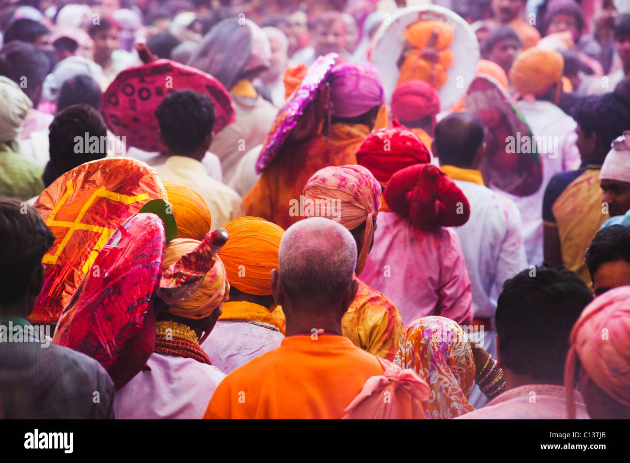 People celebrating Holi festival, Barsana, Uttar Pradesh, India Stock Photo