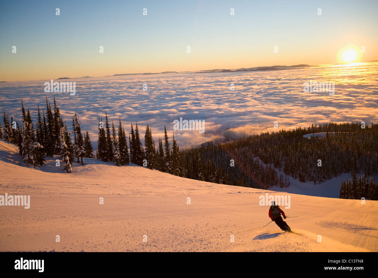USA, Montana, Whitefish, Mid adult woman skiing Stock Photo