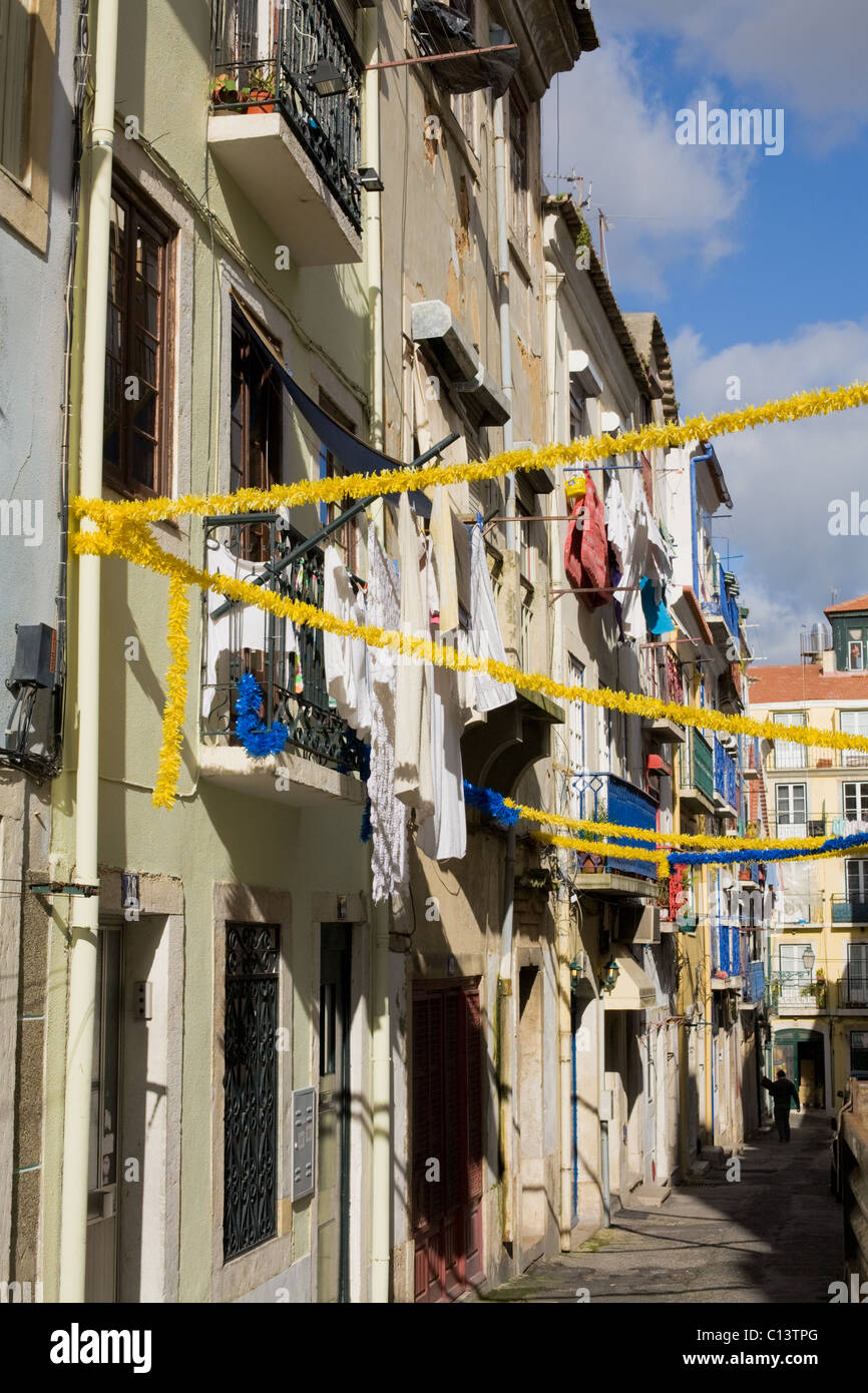 A colorful street in Madragoa neighborhood of Lisbon, Portugal Stock Photo