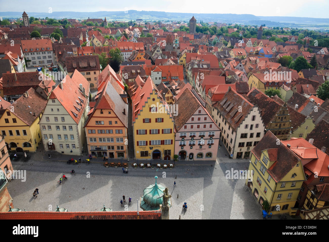 Aerial view of rooftops from Town Hall (Rathaus) tower in old town on Romantic Road. Rothenburg Ob der Tauber Bavaria Germany. Stock Photo