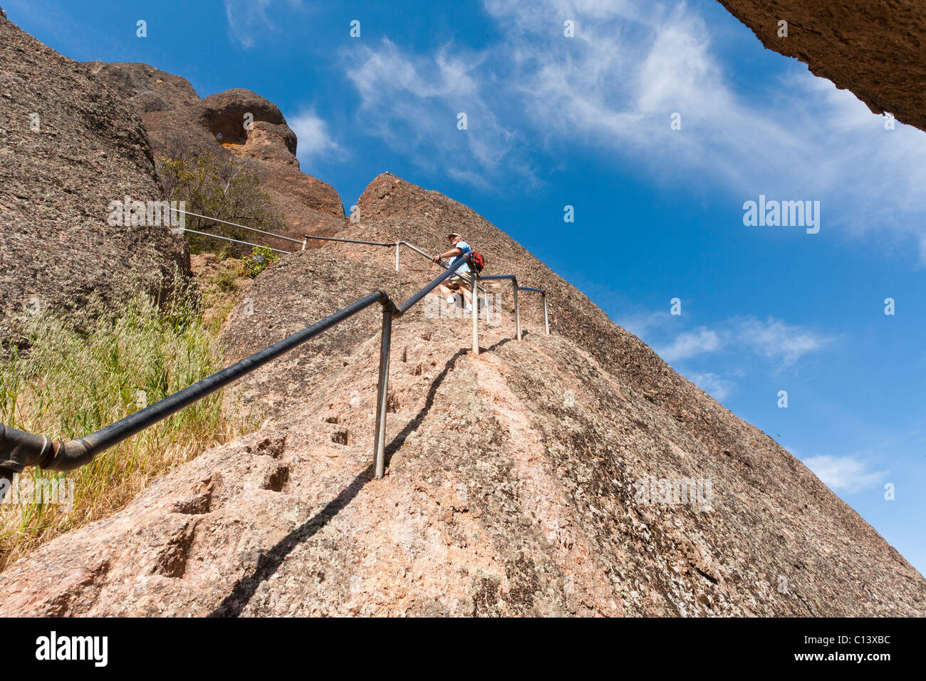 Rock formations at Pinnacles National Monument near Soledad, California. Trail includes stairs, steps carved in stone. Stock Photo