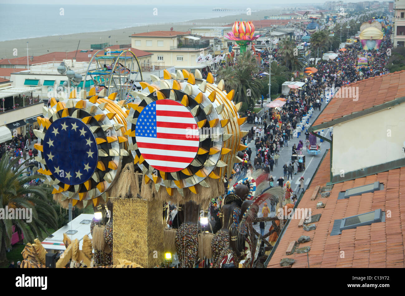 VIAREGGIO FEB 27 Aerial view of Carnival floats parade on the