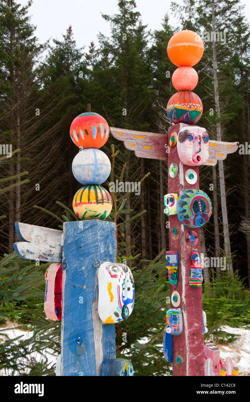 Sculpture in Dunnet Forest, near Castletown, Caithness, Scotland, UK. Totem  poles decorated with recycled plastic bottles Stock Photo - Alamy