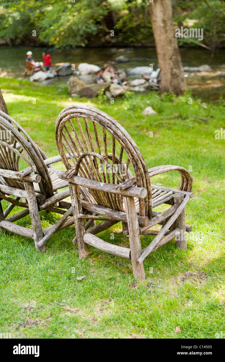 Bent willow wood chairs on lawn, Big Sur Inn, Big Sur, California Stock Photo