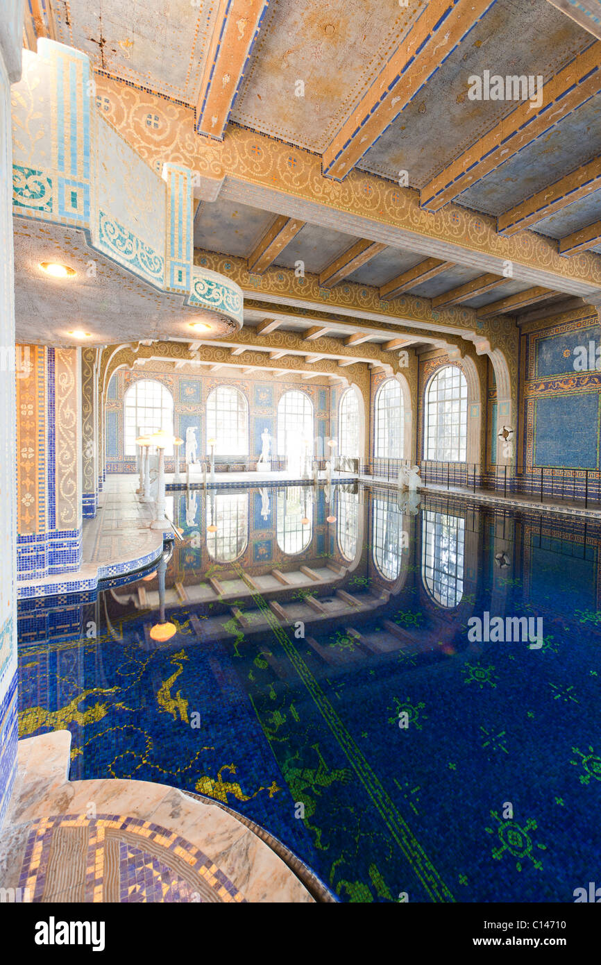 Hearst Castle n San Simeon, California built by William Randolph Hearst.  Interior Roman Pool with ornate tile. Stock Photo