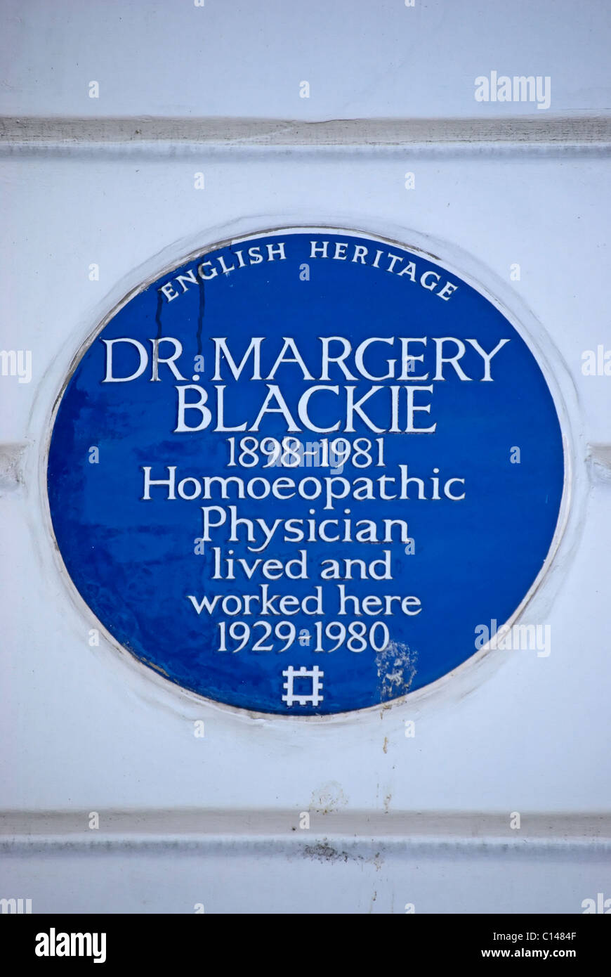 english heritage blue plaque marking a home of homeopathic doctor margery blackie, in south kensington, london, england Stock Photo