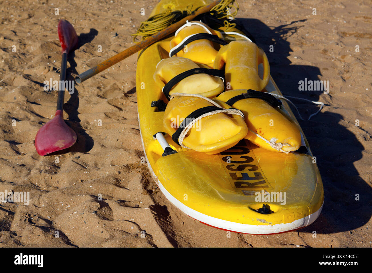 Rescue equipment used by beach lifeguards including paddle ski and