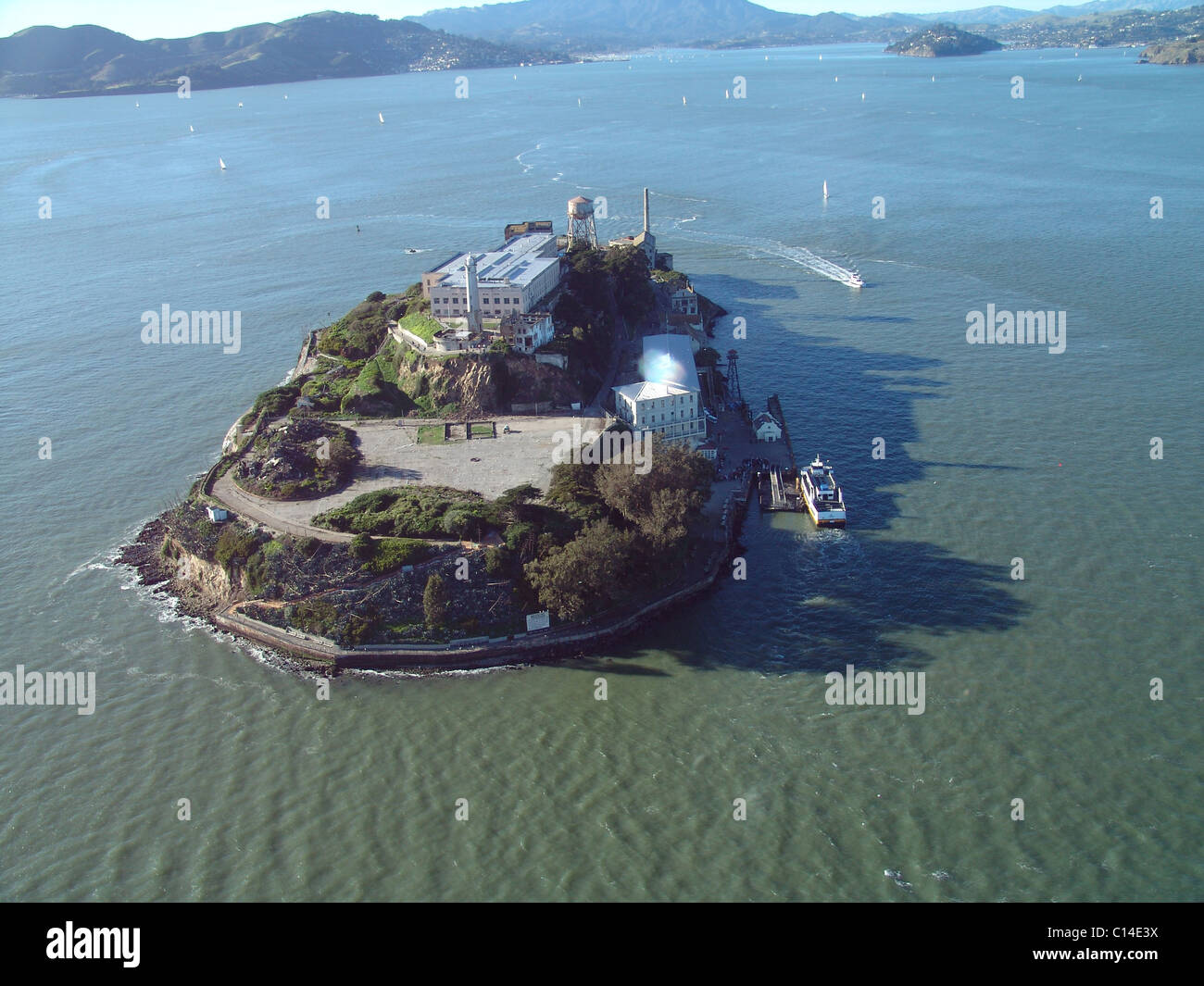 Aerial view of Alcatraz Island in San Francisco Bay Stock Photo