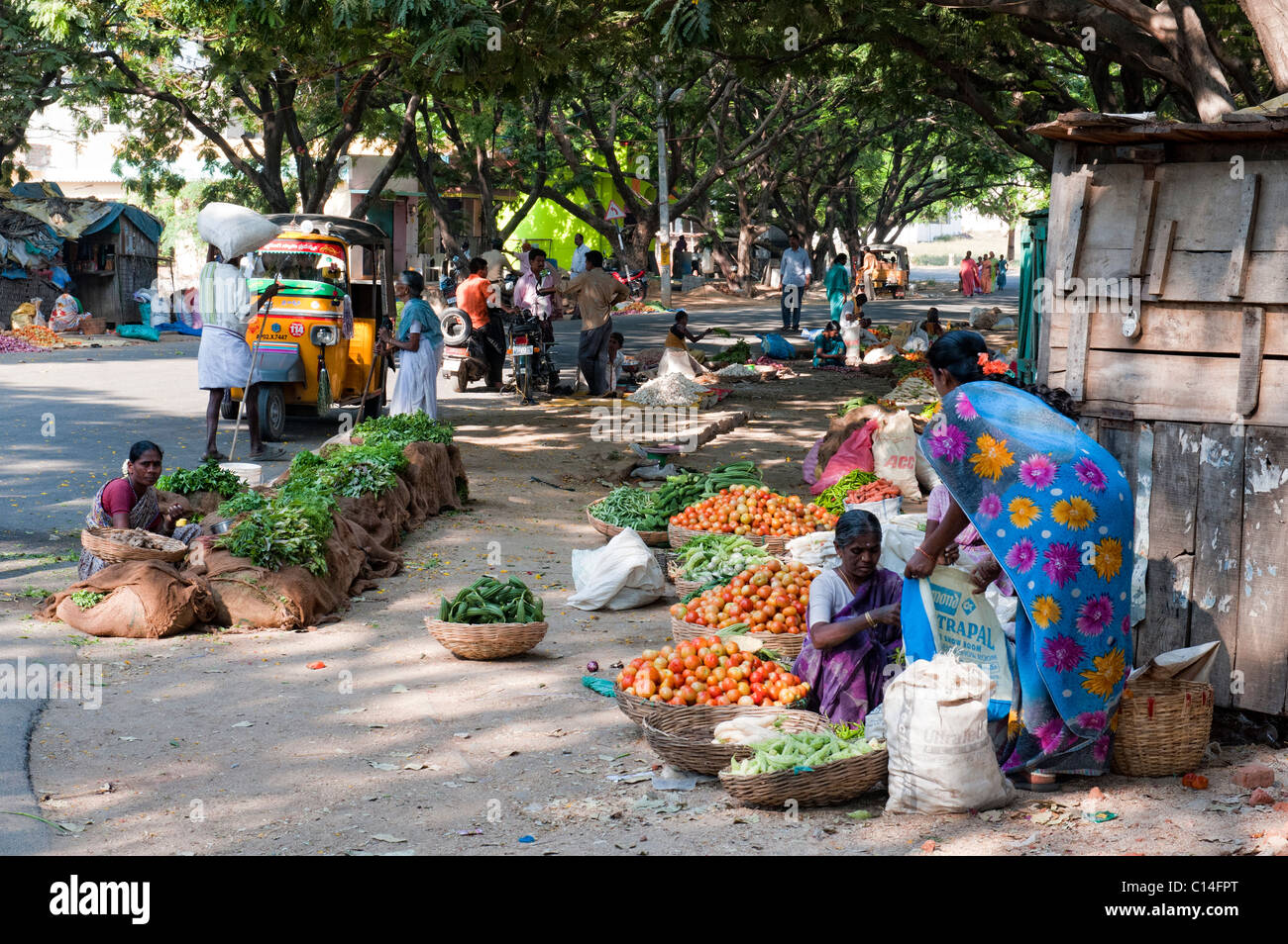 Indian street market in Yenumulapalli with baskets of vegetables. Andhra Pradesh, India Stock Photo