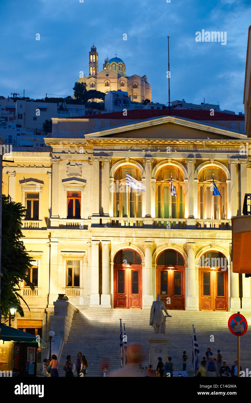 The Neo Classic City Hall of Ermoupolis, Miaoulis Square, Syros [ Σύρος ] , Greek Cyclades Islands Stock Photo